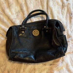 Tory Burch Black Leather Tote Handbag with Gold Logo Accent